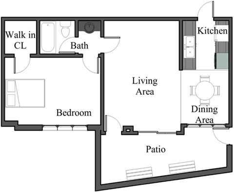 Floor plan for 1 bed, 1 bath, 624 sqft