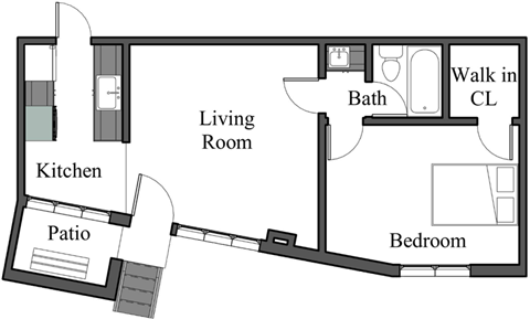 Floor plan for 1 bed, 1 bath, 504 sqft