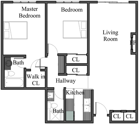 Floor plan for 2 beds, 2 baths, 950 sqft