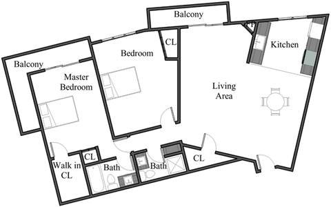 Floor plan for 2 beds, 2 baths, 975 sqft