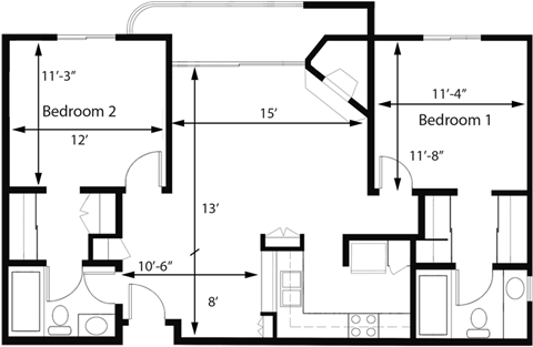 Floor plan for 2 beds, 2 baths, 946 sqft