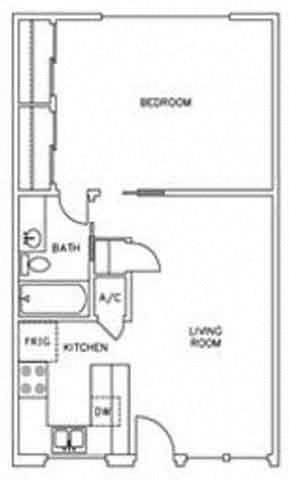 Floor plan for 1 bed, 1 bath, 558 sqft