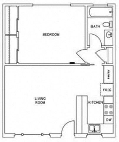 Floor plan for 1 bed, 1 bath, 653 sqft