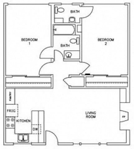 Floor plan for 2 beds, 1.5 baths, 840 sqft