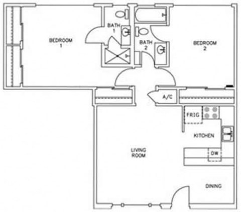 Floor plan for 2 beds, 2 baths, 885 sqft