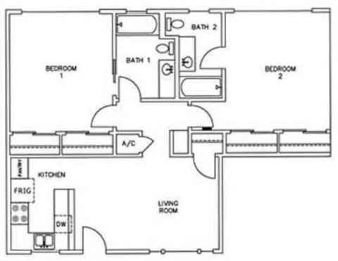Floor plan for 2 beds, 2 baths, 932 sqft