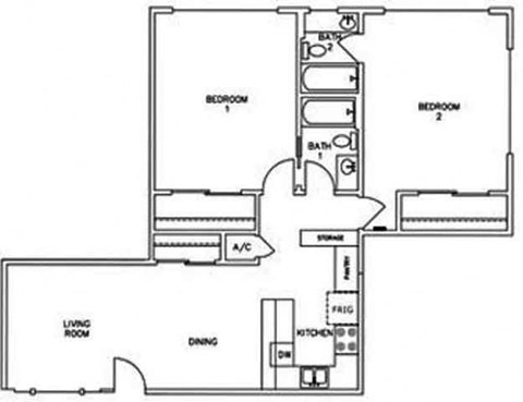 Floor plan for 2 beds, 2 baths, 1032 sqft