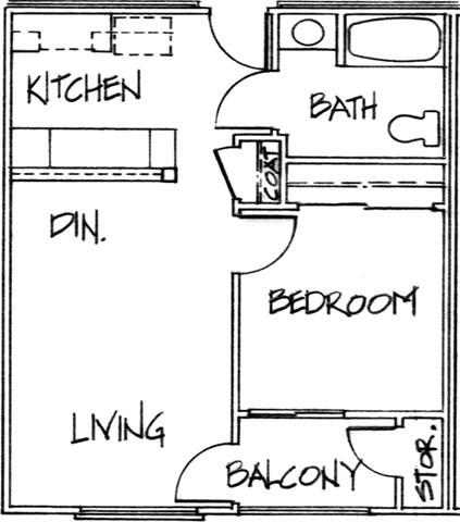 Floor plan for 1 bed, 1 bath, 598 sqft