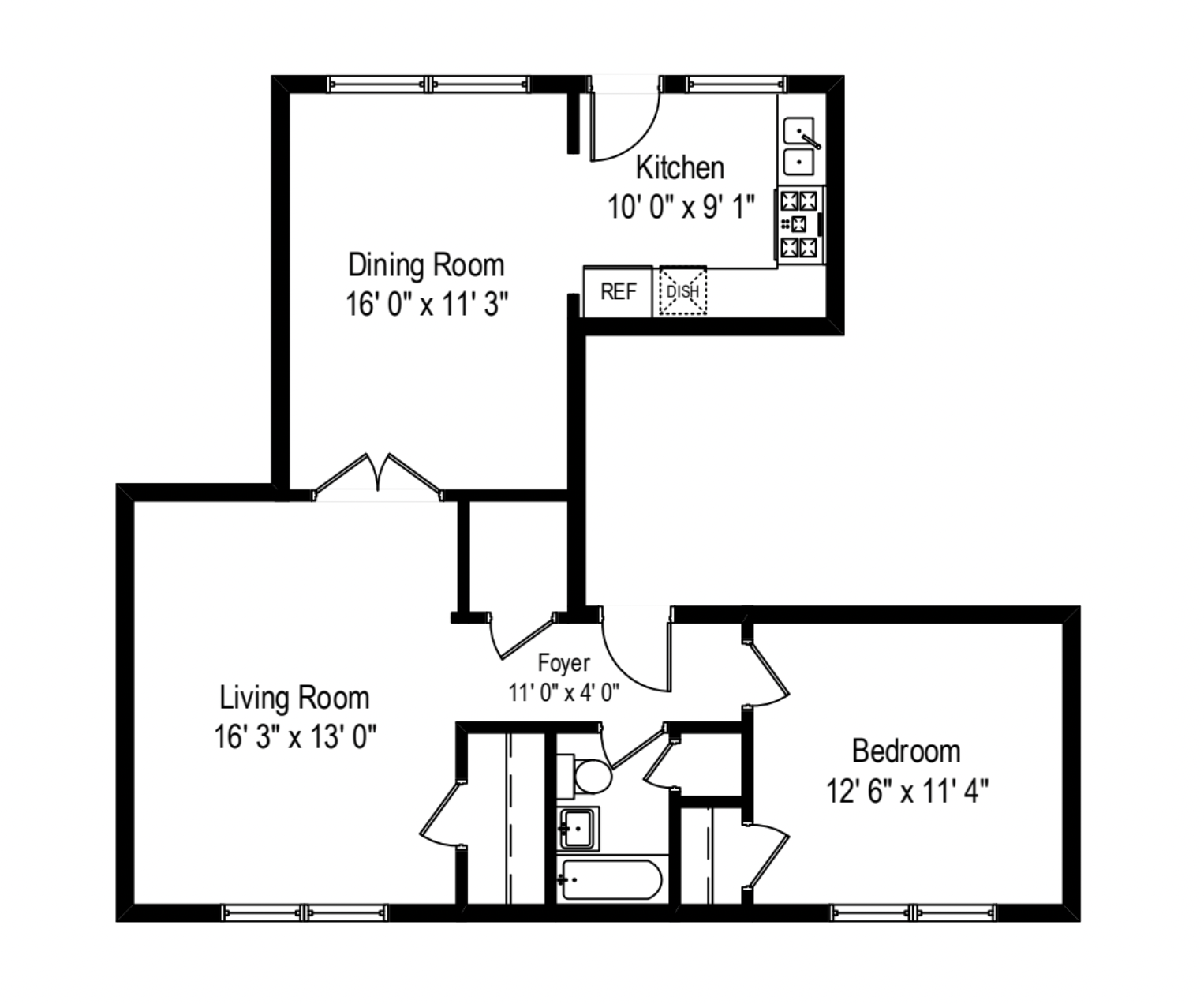 Floor plan for 1 bed, 1 bath, 940 sqft