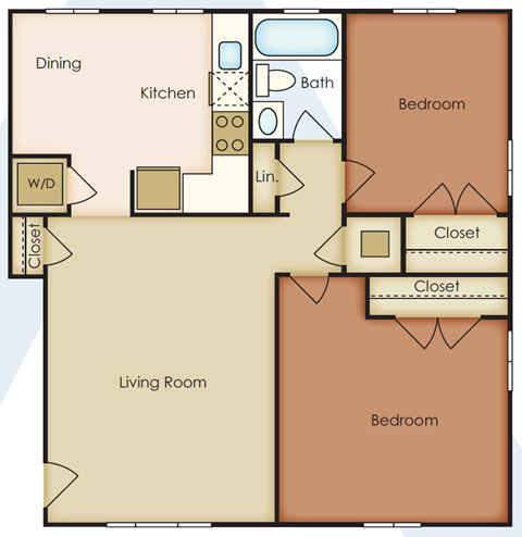 Floor plan for 2 beds, 1 bath, 900 sqft