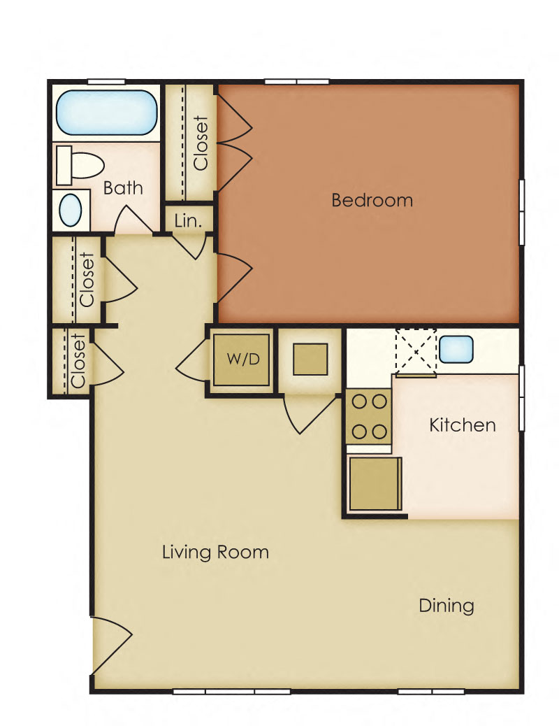 Floor plan for 1 bed, 1 bath, 800 sqft