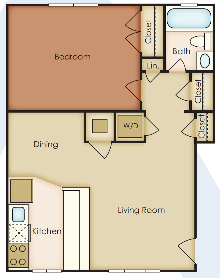 Floor plan for 1 bed, 1 bath, 800 sqft