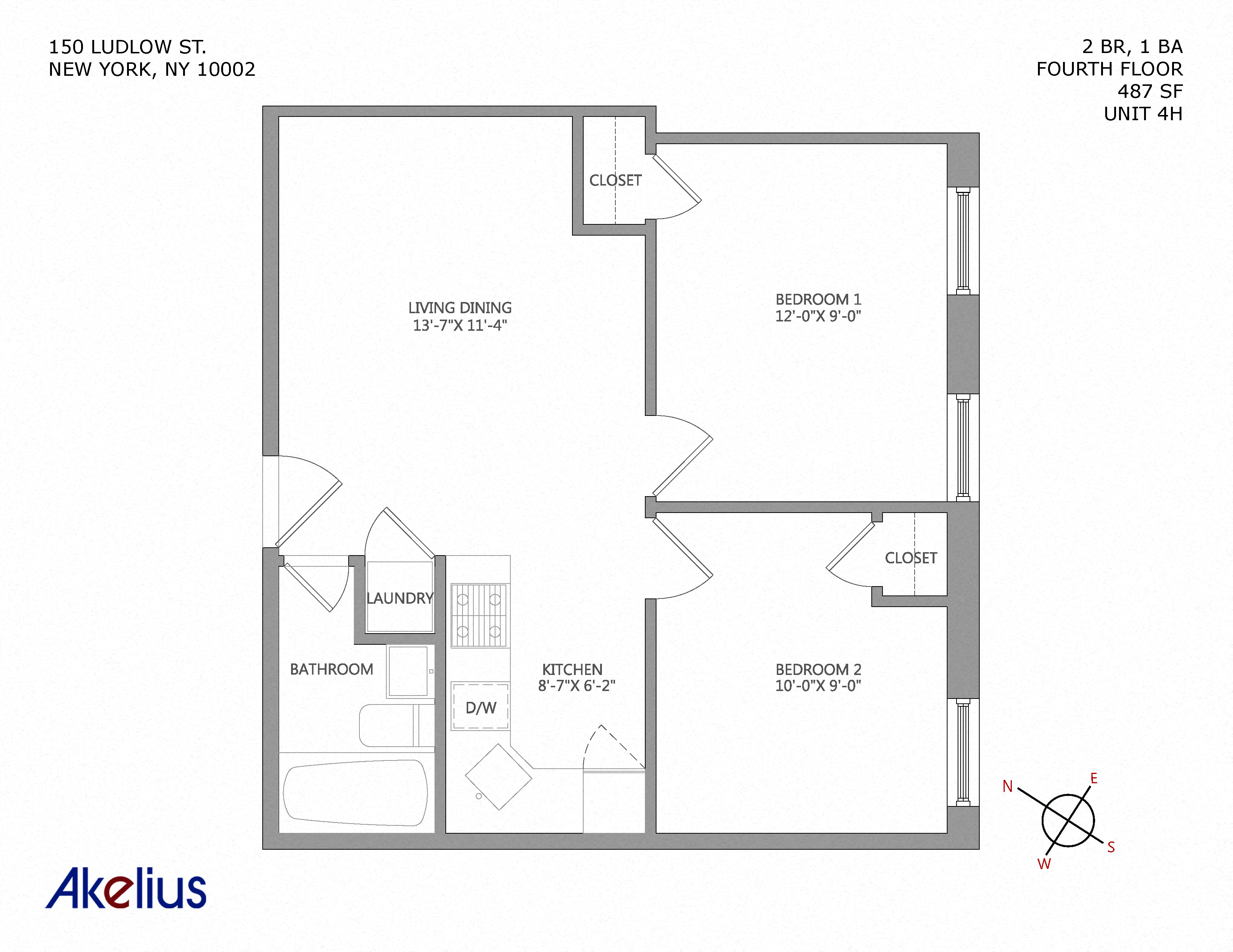 Floor plan for 2 beds, 1 bath, 590 sqft