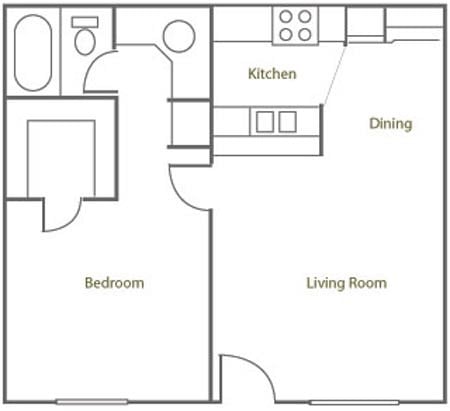 Floor plan for 1 bed, 1 bath, 584 sqft