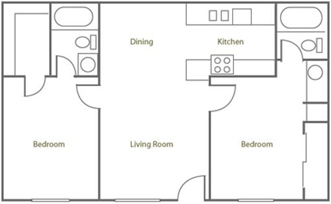 Floor plan for 2 beds, 2 baths, 808 sqft