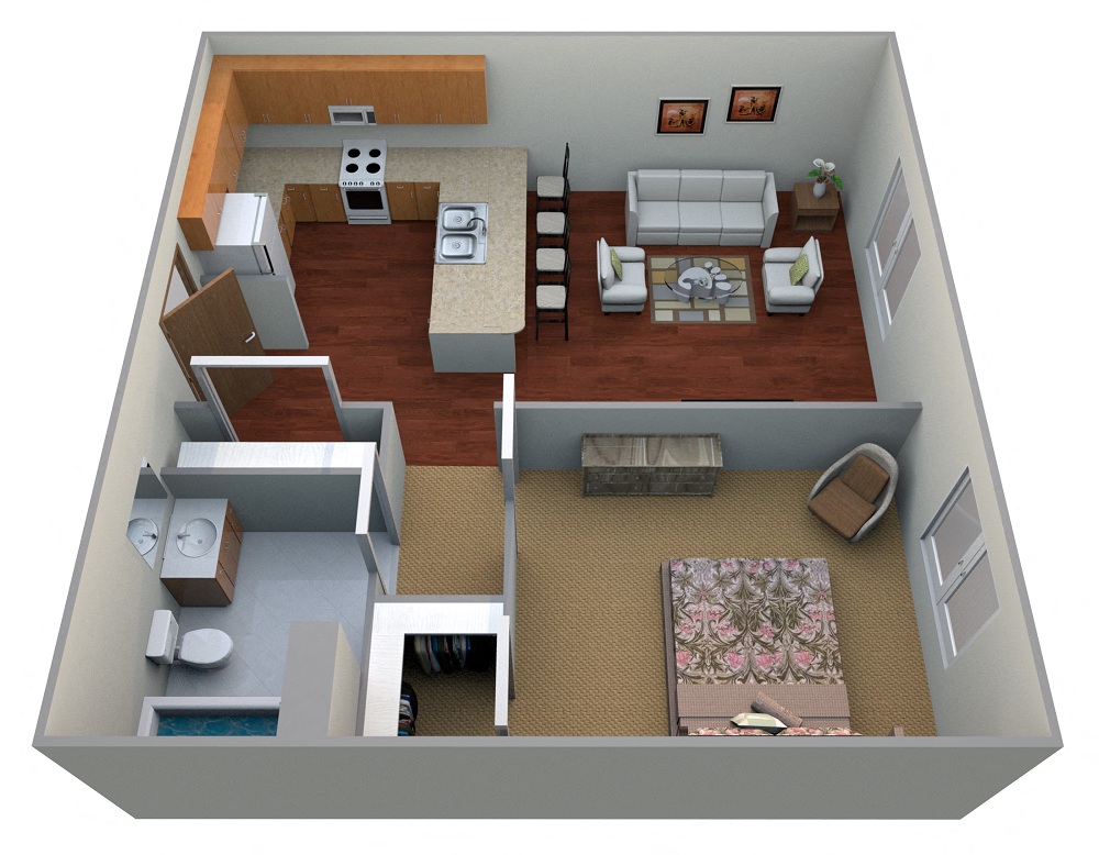 Floor plan for 1 bed, 1 bath, 600 sqft