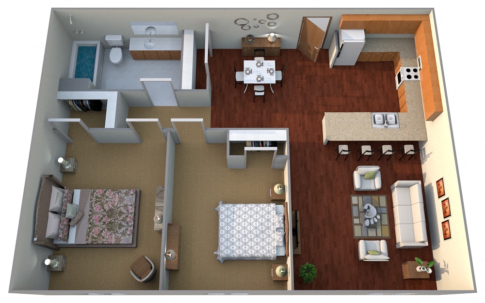 Floor plan for 2 beds, 1 bath, 820 sqft