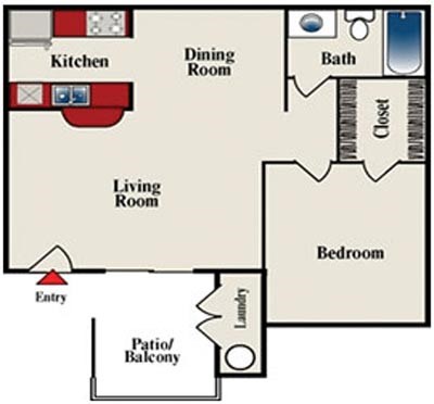 Floor plan for 1 bed, 1 bath, 610 sqft