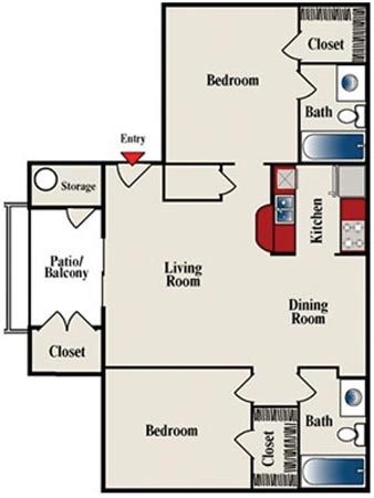 Floor plan for 2 beds, 2 baths, 851 sqft