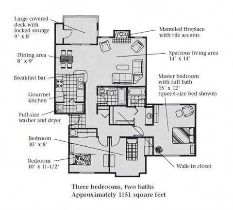 Floor plan for 3 beds, 2 baths, 1151 sqft