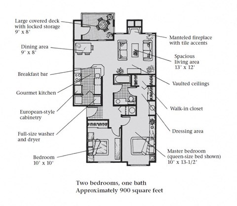 Floor plan for 2 beds, 1.5 baths, 899 sqft