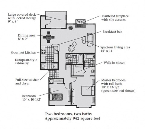 Floor plan for 2 beds, 2 baths, 943 sqft