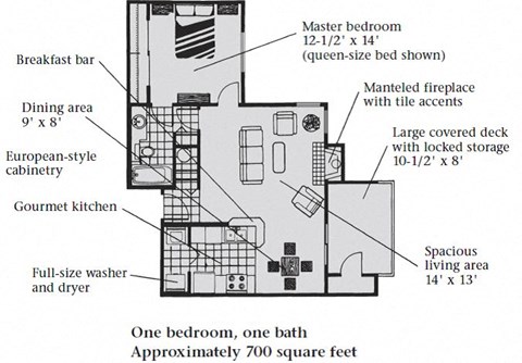 Floor plan for 1 bed, 1 bath, 683 sqft