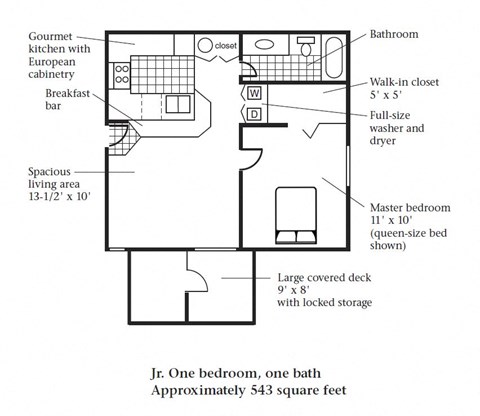 Floor plan for 1 bed, 1 bath, 543 sqft