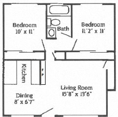Floor plan for 2 beds, 1 bath, 784 sqft