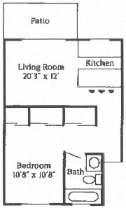 Floor plan for 1 bed, 1 bath, 516 sqft