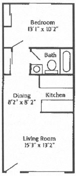 Floor plan for 1 bed, 1 bath, 608 sqft