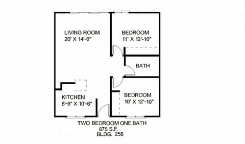 Floor plan for 2 beds, 1 bath, 875 sqft