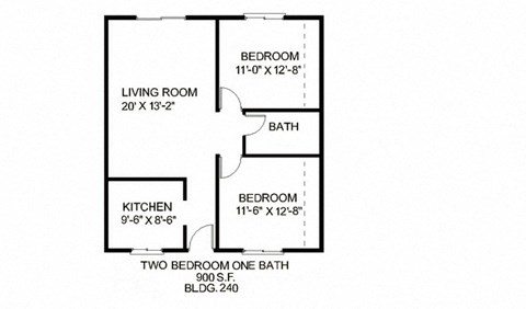 Floor plan for 2 beds, 1 bath, 900 sqft