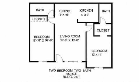 Floor plan for 2 beds, 2 baths, 950 sqft