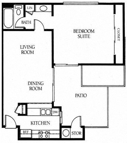 Floor plan for 1 bed, 1 bath, 630 sqft