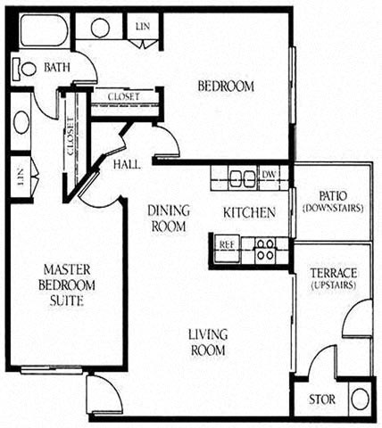 Floor plan for 2 beds, 1.5 baths, 905 sqft