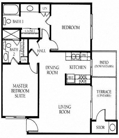 Floor plan for 2 beds, 2 baths, 905 sqft