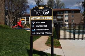 Silver Spring apartment for rent - a sign for the montgomery trace activities park in front of a pool