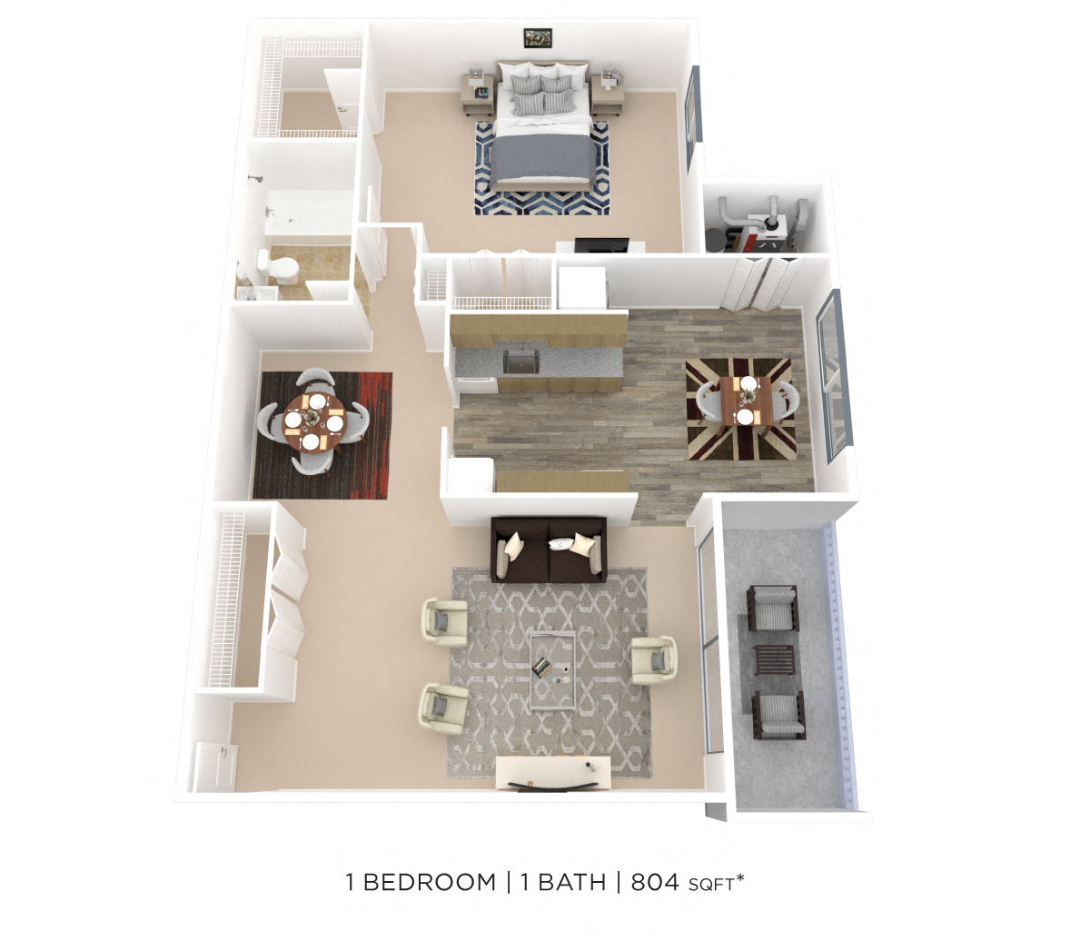 Floor plan for 1 bed, 1 bath, 804 sqft