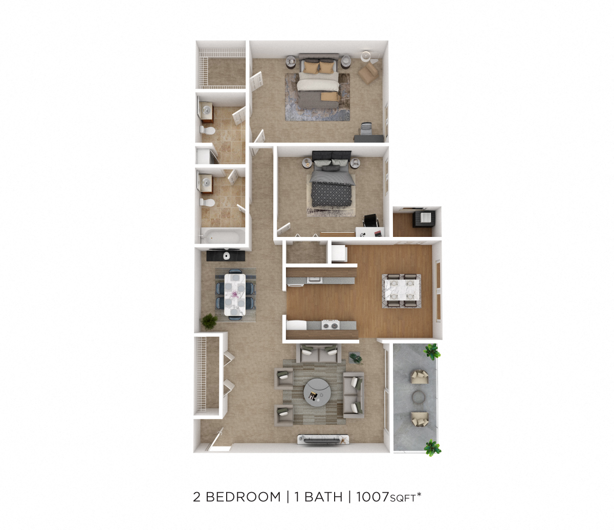 Floor plan for 2 beds, 1 bath, 1007 sqft