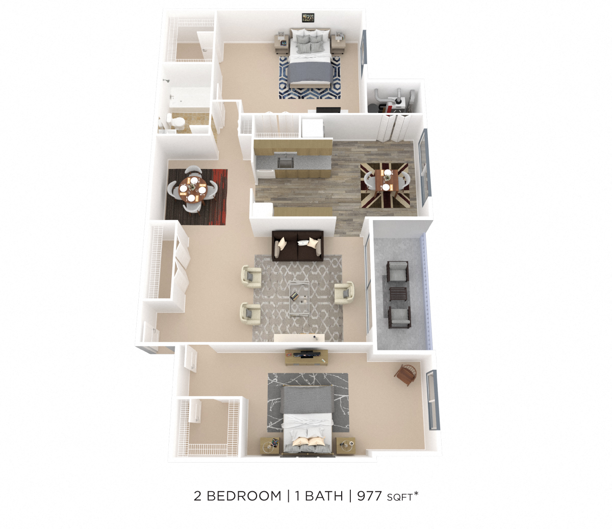 Floor plan for 2 beds, 1 bath, 977 sqft