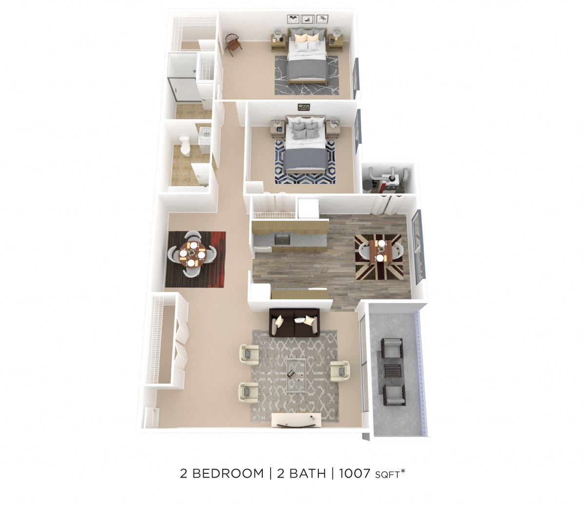 Floor plan for 2 beds, 2 baths, 1007 sqft