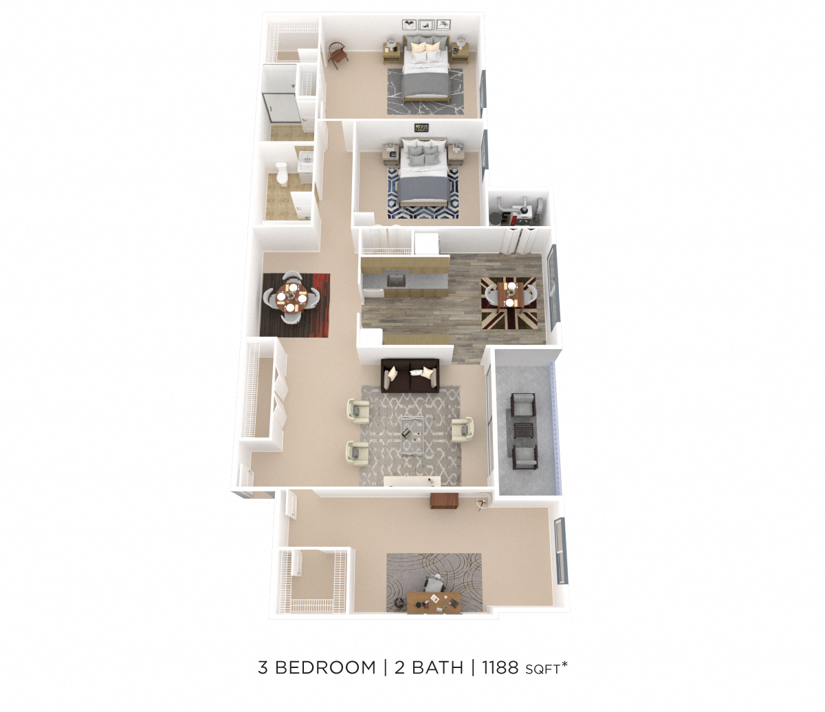 Floor plan for 3 beds, 2 baths, 1181 sqft