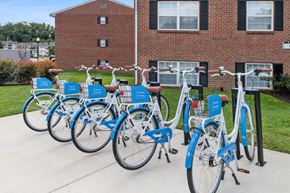 Baltimore apartment for rent - a row of blue bikes parked in front of a building