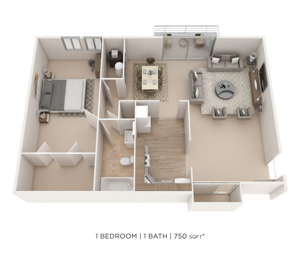 Floor plan for 1 bed, 1 bath, 728 sqft