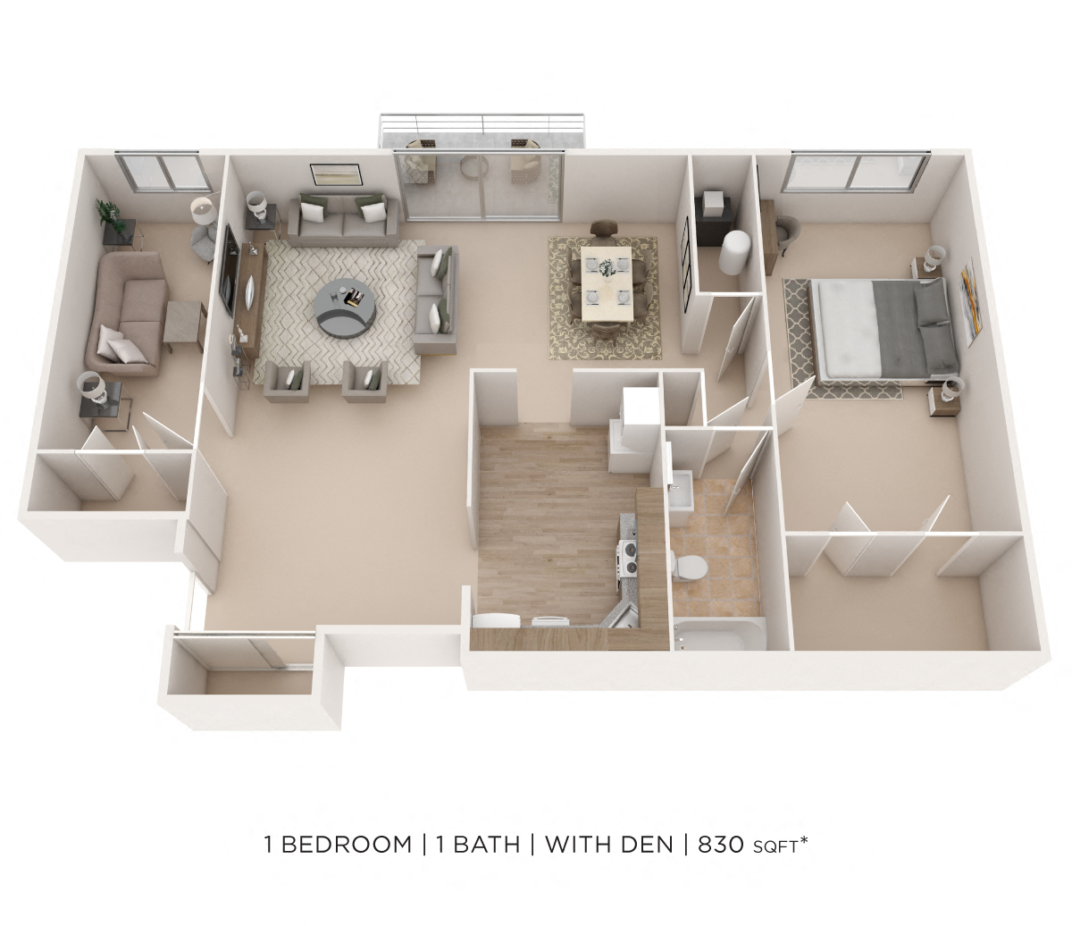 Floor plan for 1 bed, 1 bath, 830 sqft