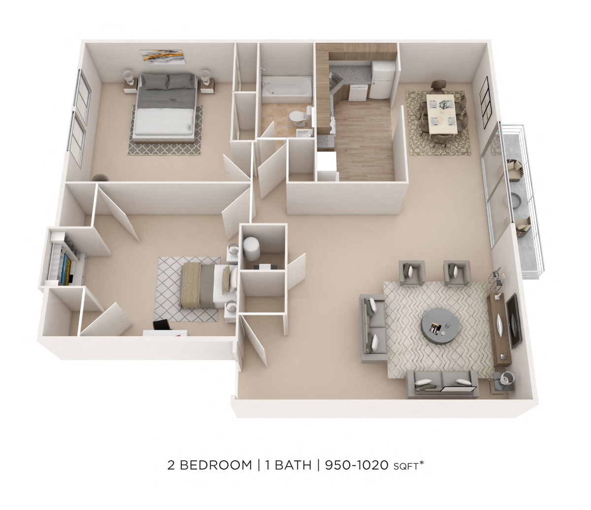 Floor plan for 2 beds, 1 bath, 1020 sqft