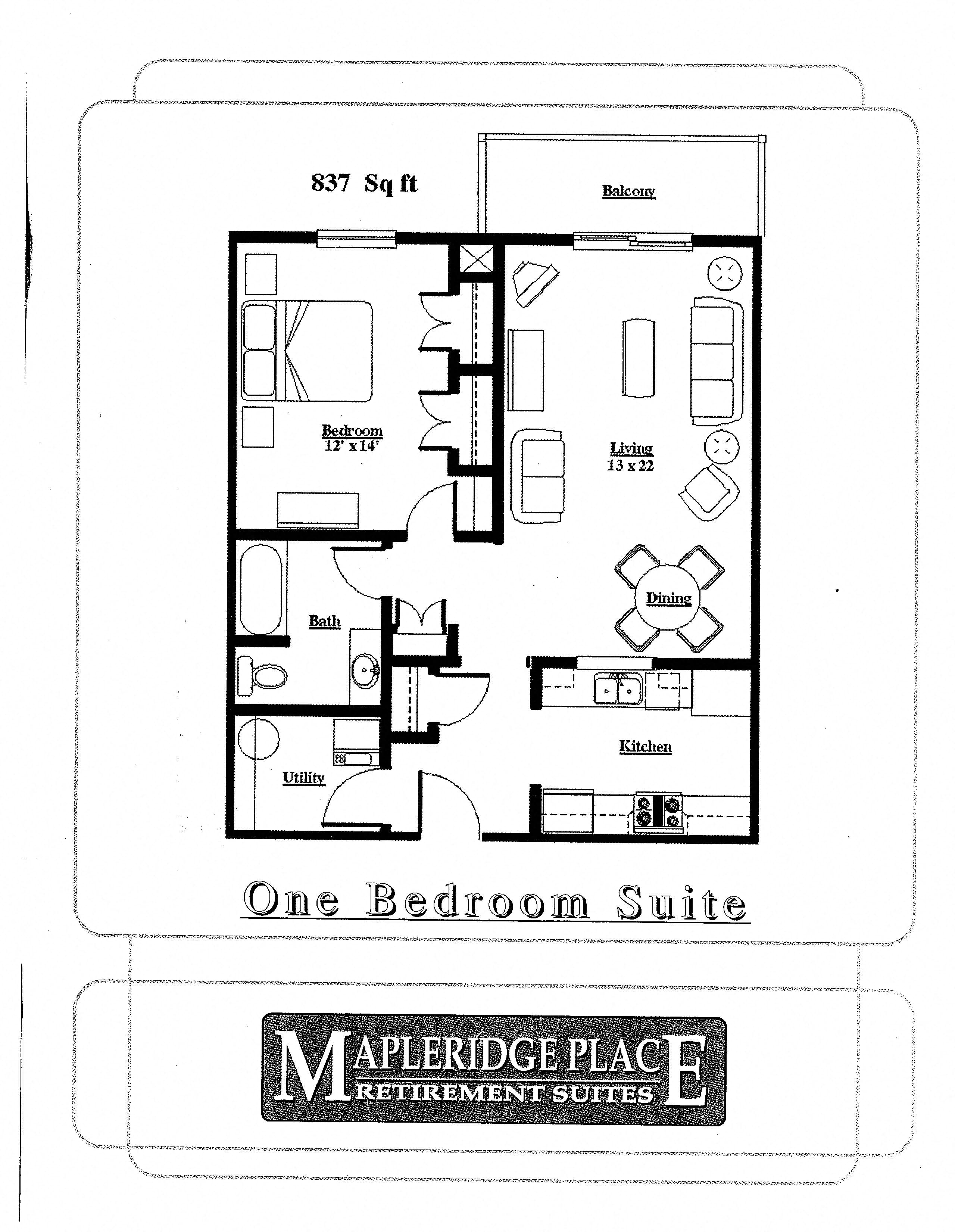 Floor plan for 1 bed, 1 bath, 837 sqft