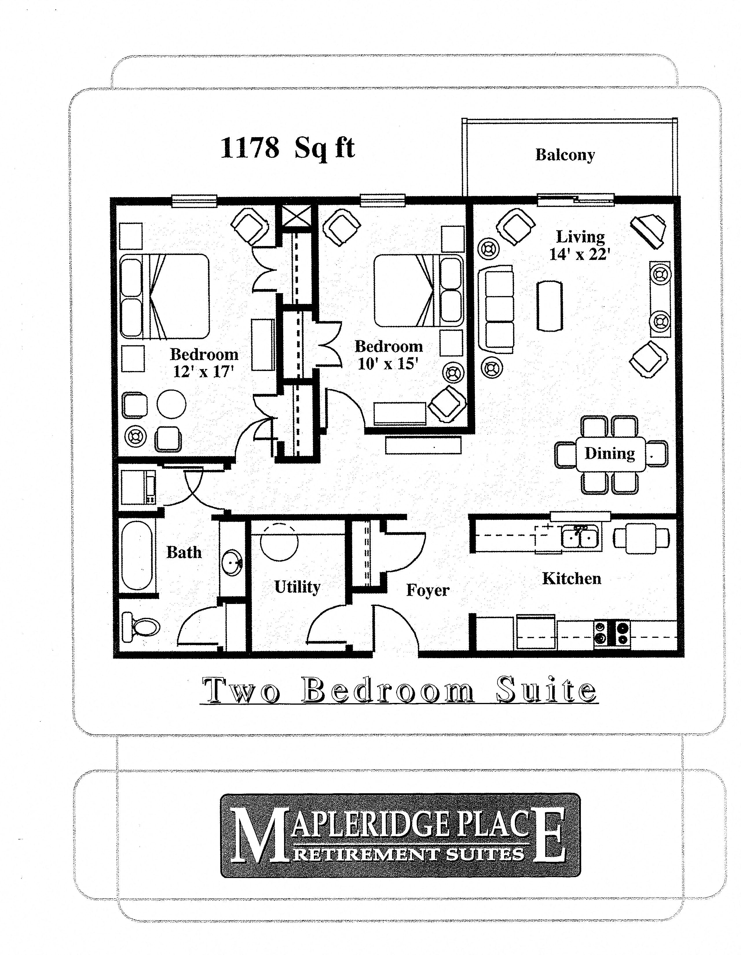 Floor plan for 2 beds, 1 bath, 1610 sqft