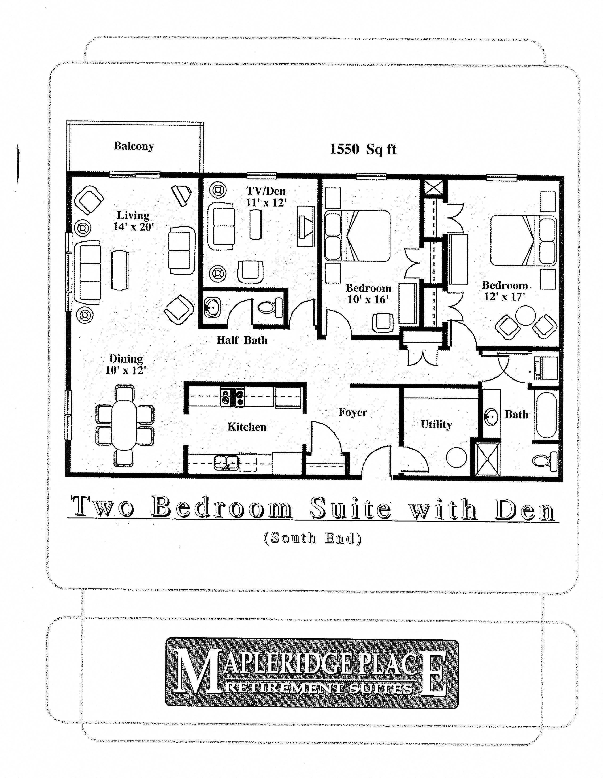 Floor plan for 2 beds, 1 bath, 1650 sqft